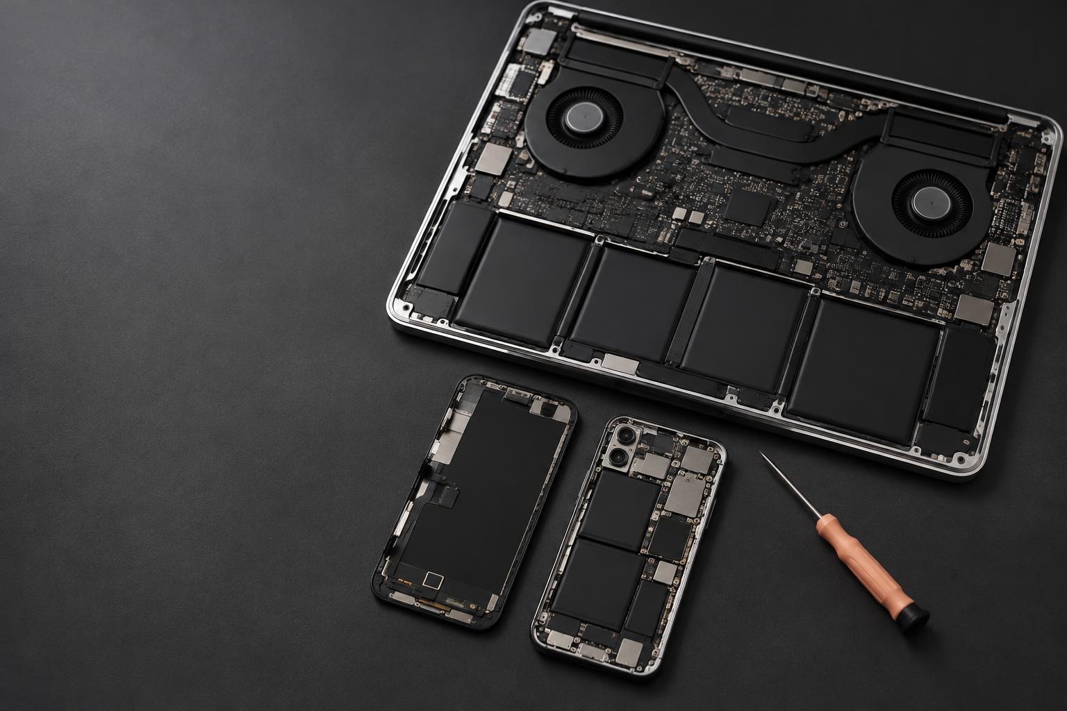 Composição ilustrativa de um MacBook e iPhone abertos para reparo técnico